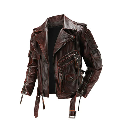Men's Natural Leather Motorcycle Jacket Top Layer Causal Vintage Retro Moto Suit Leather Coat  Dropshipping Factory