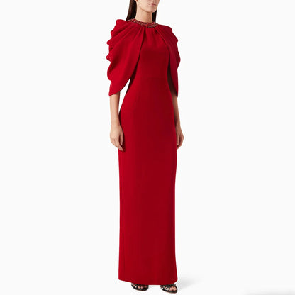 Red Prom Dress with Cape Customized Crystal Stones Sheath Back Split Saudi Arabian Woman Evening Gown فساتين للمناسبات الخاصة