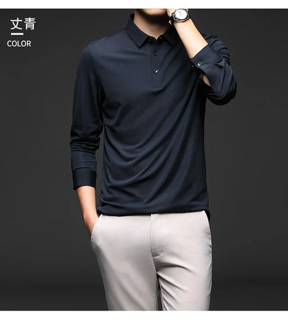 Mulberry Silk Men's Polo Shirts Luxury Long Sleeve Solid Color Golf Male T-shirts Spring Autumn Business Casual Man Tees