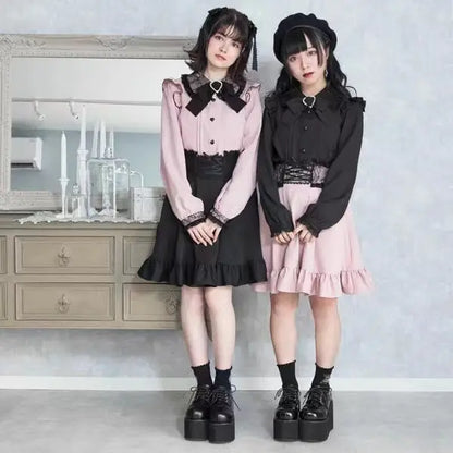 Japanese Gothic Lolita Ribbon Short Suspender plaid Skirt Girls Sweet Cute Lace A-Line Mini Skirts summer2026 black solid kawaii