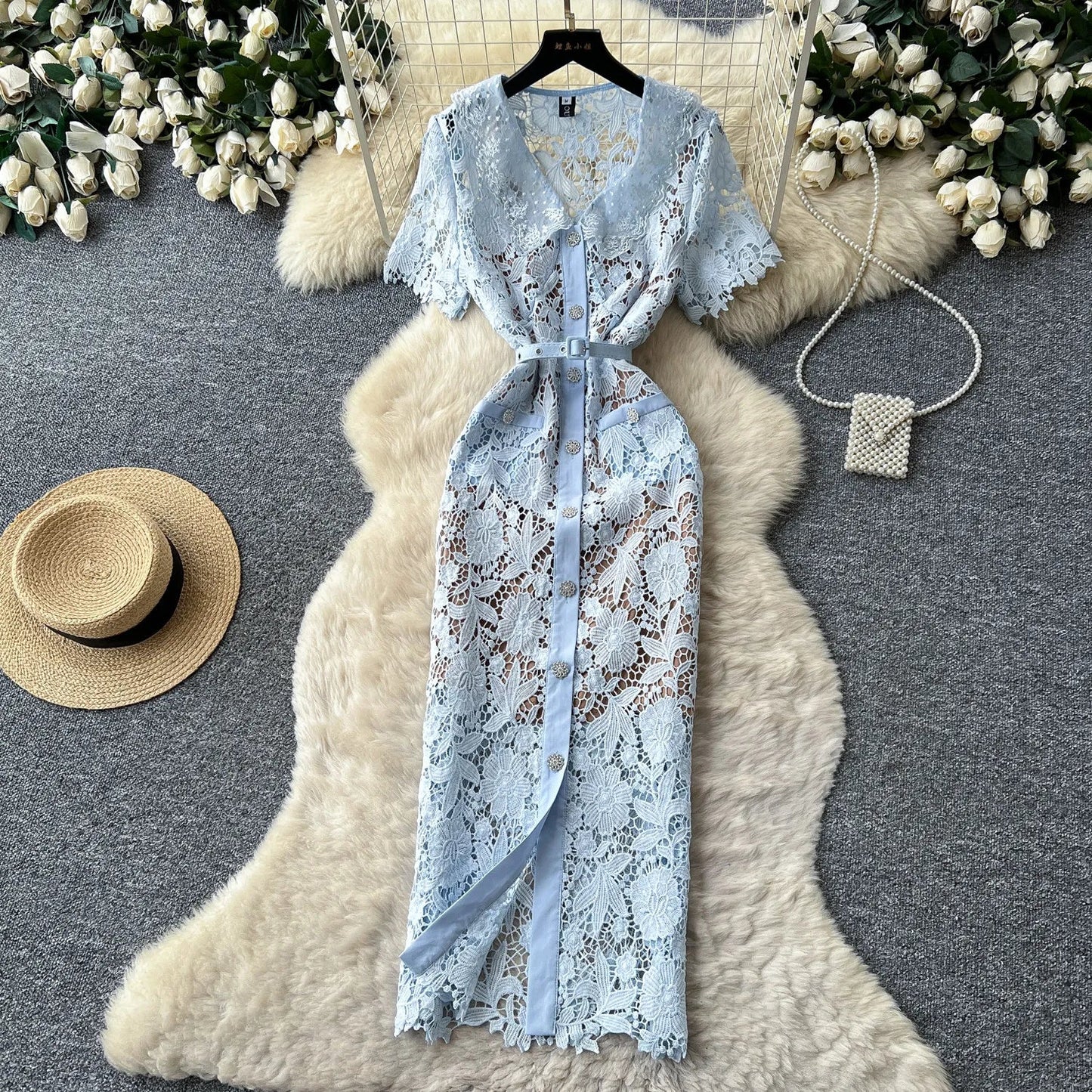 Classy Vintage Flower Lace Dress Office Lady Hollow Out Sashes Short Sleeve Bodycon French Senior Straight Long Dress