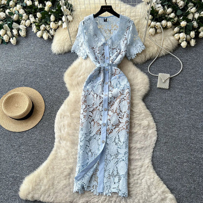 Classy Vintage Flower Lace Dress Office Lady Hollow Out Sashes Short Sleeve Bodycon French Senior Straight Long Dress