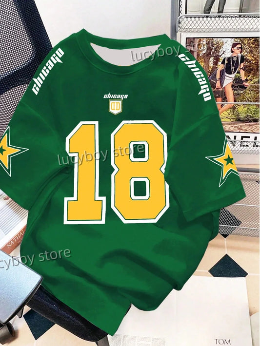 Mens 3D Number 18 Printed Short Sleeve T Shirt Man V Neck Sportwear Brooklyn Racing Football Tee Vintage Casual Tops Men Clothes