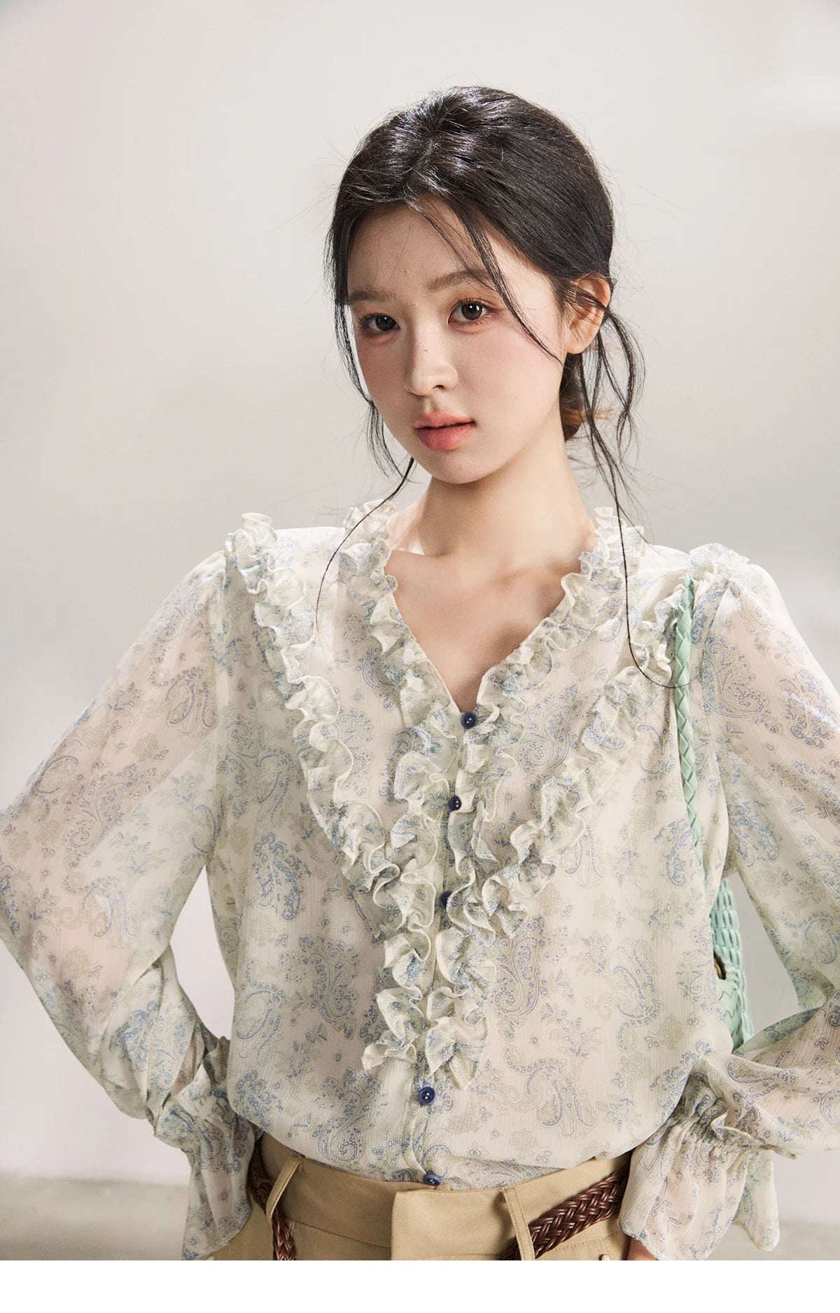 Women's Light Blue Paisley Print Ruffle Blouse V-neck Sheer Long Sleeve Chiffon Shirt Casual Summer Wear MXF13X2549