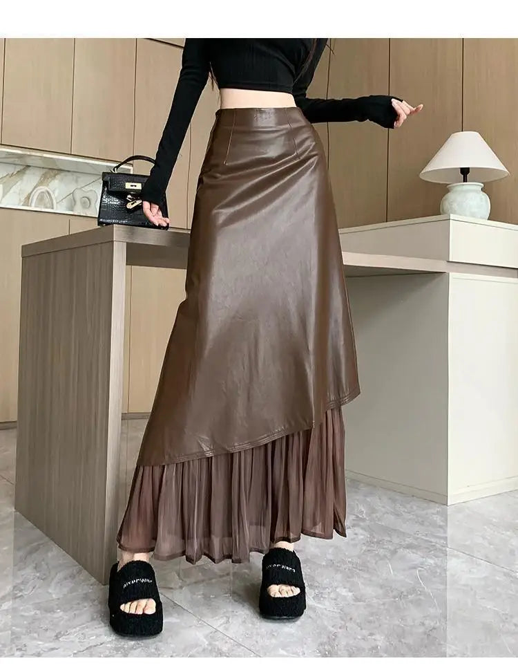 تنورة نسائية ريترو، تنورة طويلة بخصر عالٍ وقصة A-line بتصميم جديد للخريف المبكر من الجلد بخياطة غير متماثلة