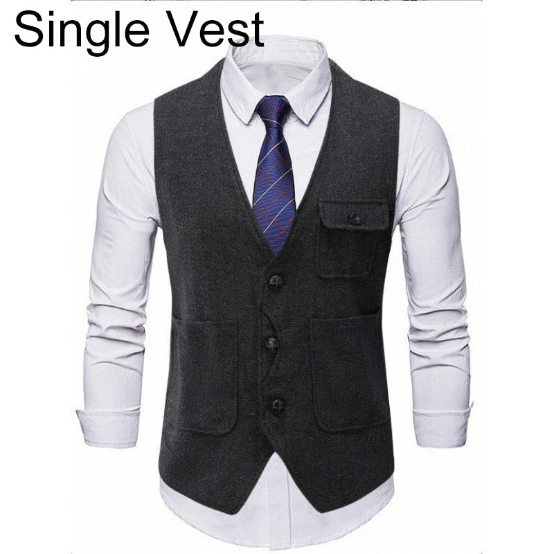 Suit Vest Man Vintage Single-breasted Pocket Male Waistcoat Slim V-neck Sleeveless Business Casual Versatile Men Vest