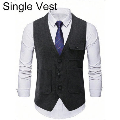 Suit Vest Man Vintage Single-breasted Pocket Male Waistcoat Slim V-neck Sleeveless Business Casual Versatile Men Vest