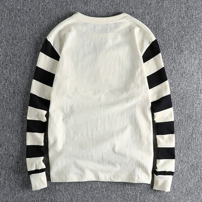 Autumn American Retro Long Sleeve Heavyweight Striped T-shirt Men's Fashion Pure Cotton Washed Prisoner Motorcycle Casual Tops