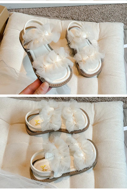 Sweet Princess Shoes Girl Tulle Lace Butterfly-knot Chic Summer Wedding Party Shoes Sandals for Child Girls Holiday Shoes I11155