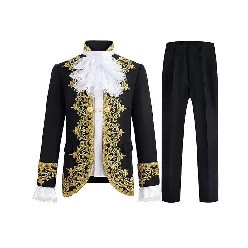 Boys Golden Flower Jacket Pants Tie 3PS Drama Dress Kids Prince Charming Cosplay Costume Children Performance Photograph Suit