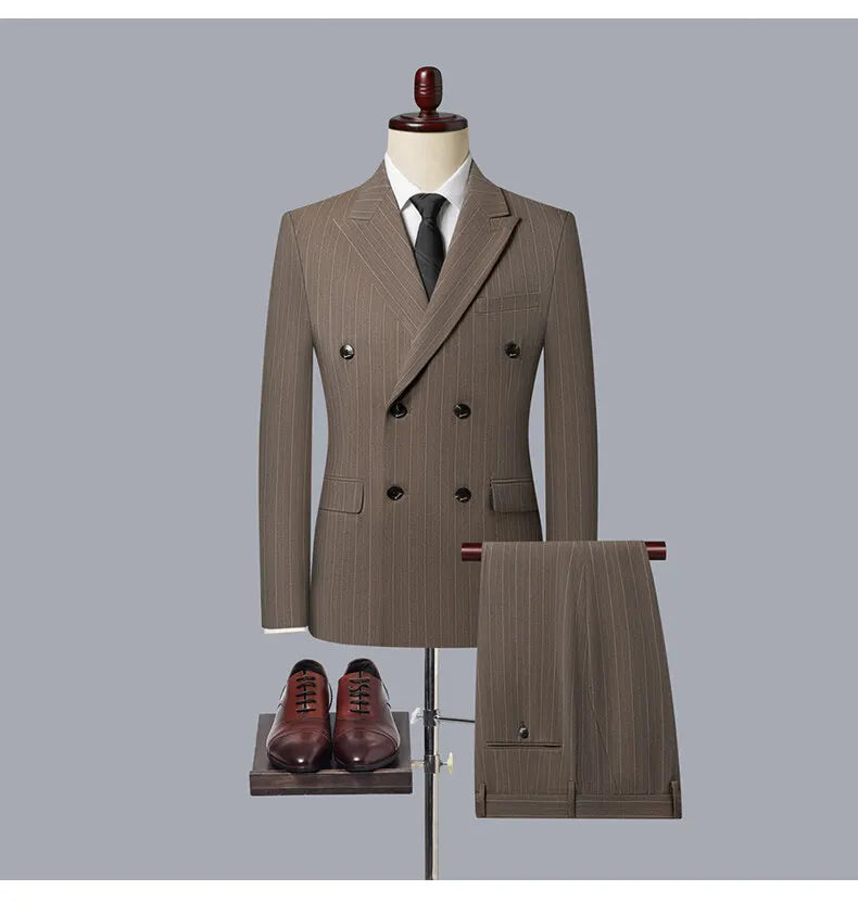 2025 Korean High Quality Double-Breasted British Style Slim Business Suit Two-Piece Set (Suit + Trousers)