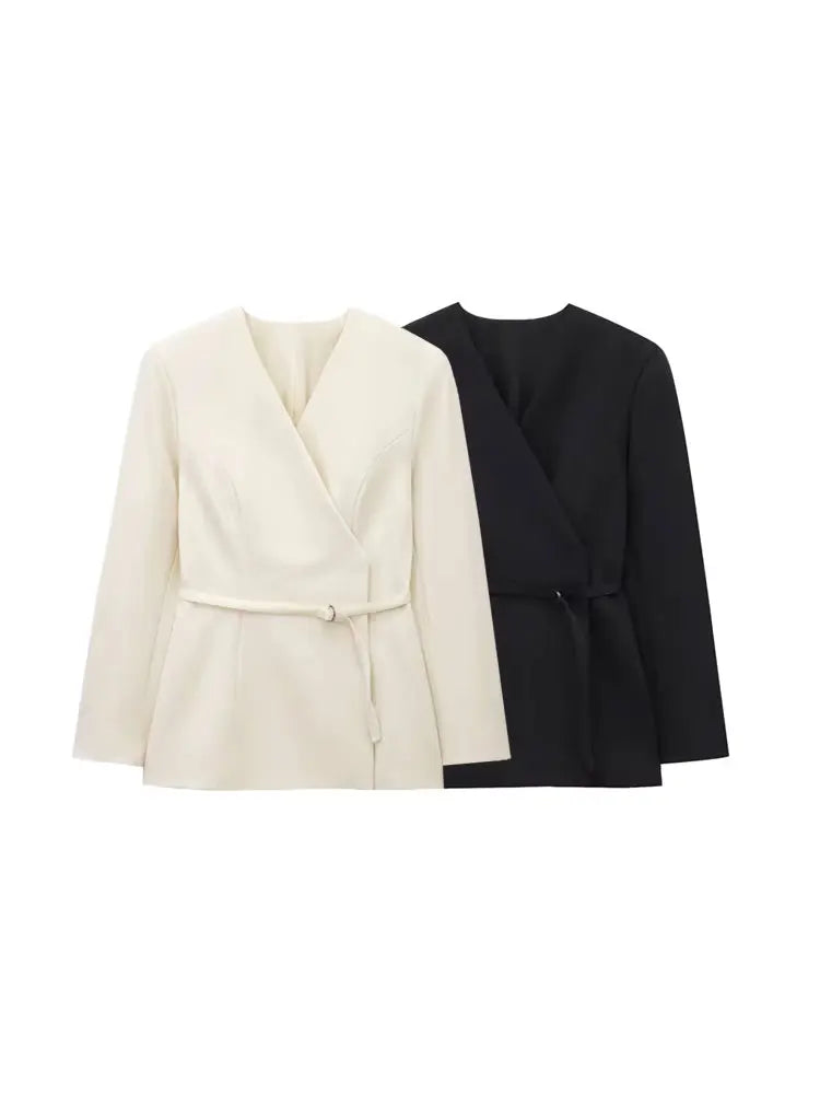 Women's Chic V-Neck Blazer Coat with Belt Long Sleeve Snap-Button Fashion Outerwear Top