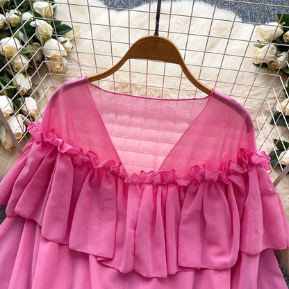 Chic Ruffles Splice Chiffon Blouse V Neck Flared Sleeve Loose Tops 2025 Fashion Solid Fairycore Vacation Women Shirt