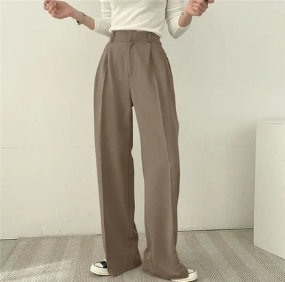 Casual Notch Lapel Suit Set with Button Thick Wide Leg Small Suit Pants High Waist Drape Polyester Business Lady Style Women