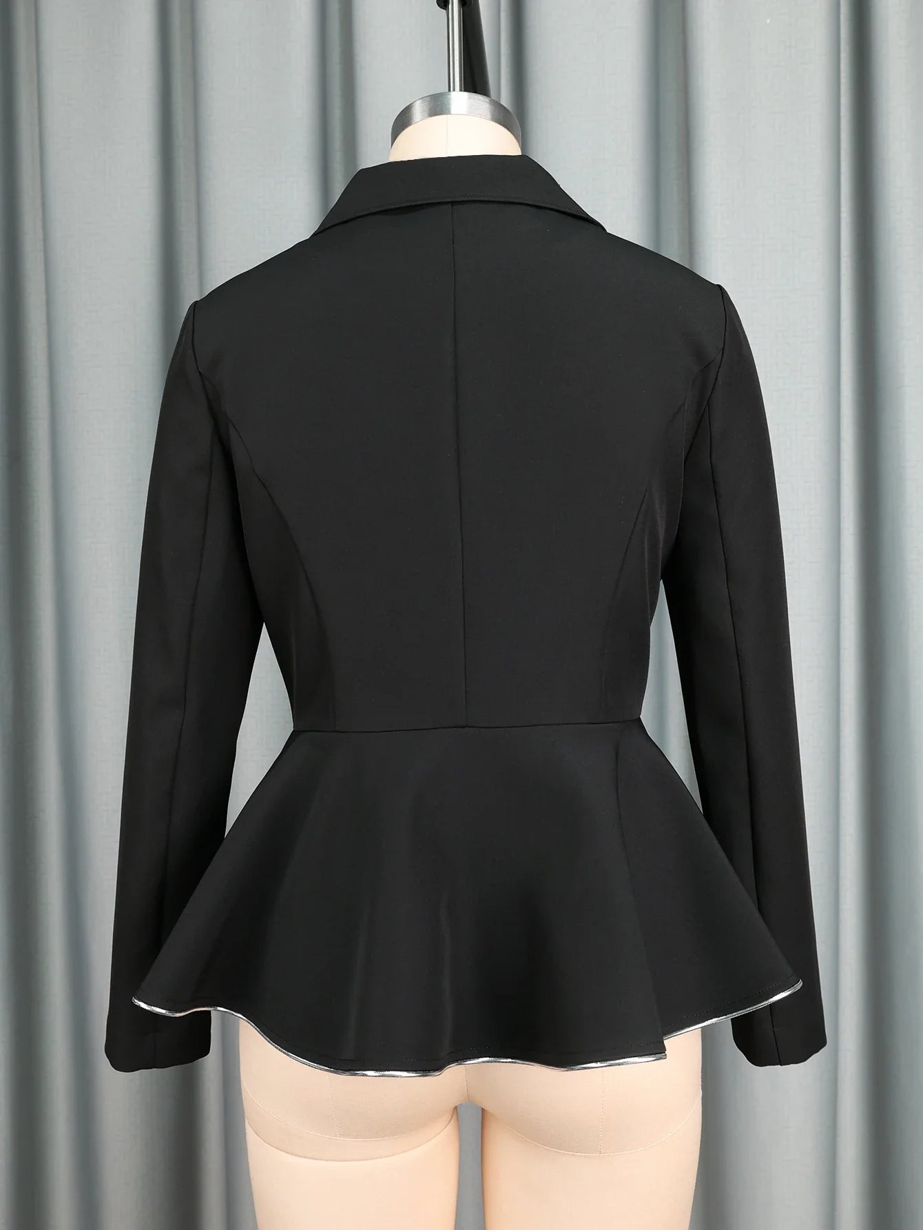Stylish Black Long Sleeve Peplum Blazer Women with Silver Binding Formal Office Lady Business Autumn Winter Work Outfits