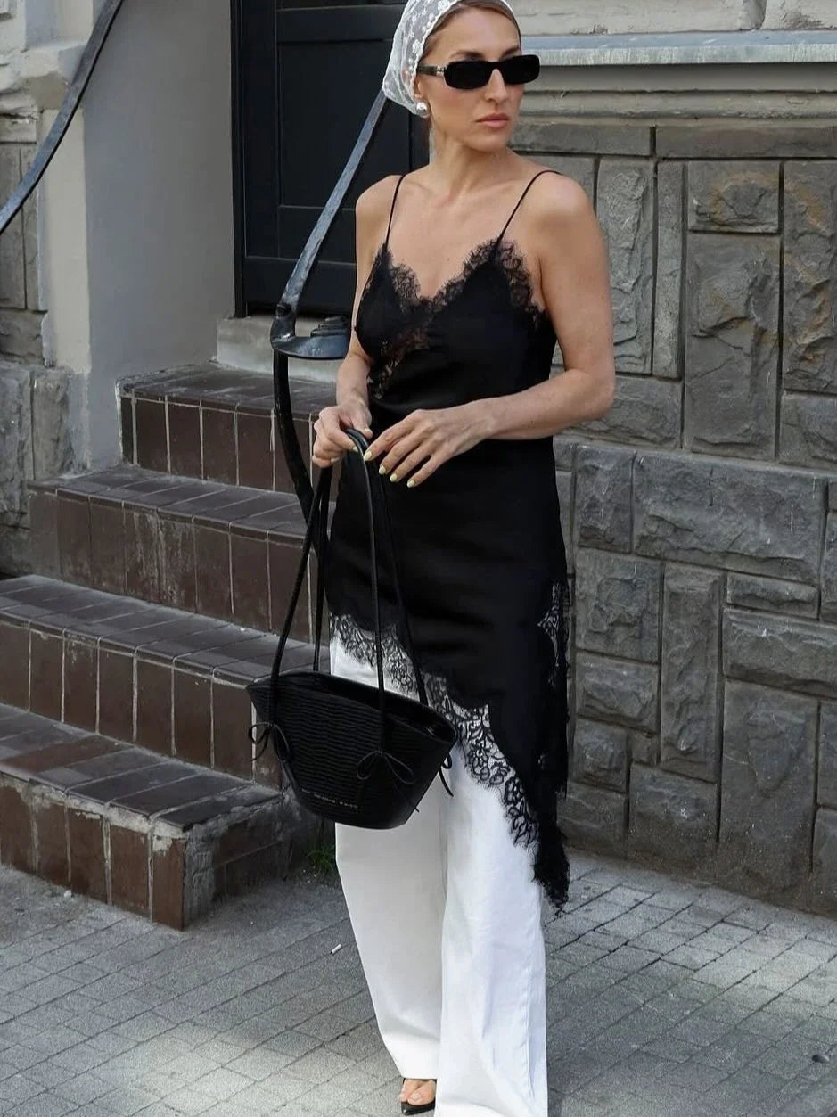 Satin Asymmetric Patchwork Lace Sexy Dress Women Elegant Sling Backless Split Black Dress Female Party Club Dress Streetwear