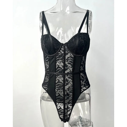 Sexy Lace Bodysuit for Women Bodies Elegant Women's Top 2025 New Summer Solid Bodycon Ribbed Bodysuits