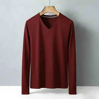 Minimalist Men's V-neck Long Sleeve T-shirt Soft Knitted Fabric Comfortable Top for All Seasons