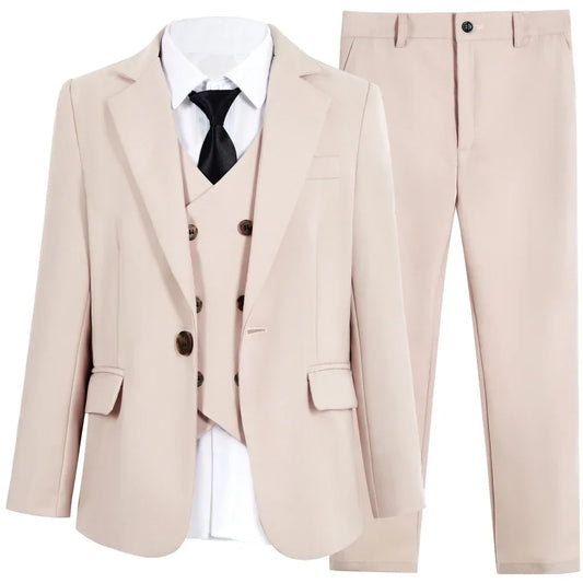 Beige Boys Formal Suit Set 4 Pieces Stage Performance Wear Notched Lapel Classy Suit Set For Kids Wedding Guest Clothes 3-14T