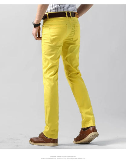 5 Colors Men's Colorful Denim Stretch Stretch Jeans Elastic Yellow Pink Red Slim Male Clothing Simple Business Denim Trousers