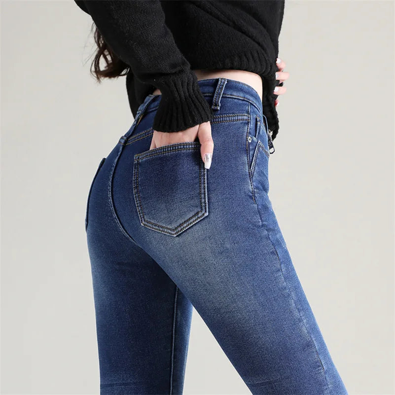 2023 Fashion Women Stretch High Waist Pencil Pants Casual Female Velvet Jeans High Quality Fleece Mom Jeans Thick Plush Pants