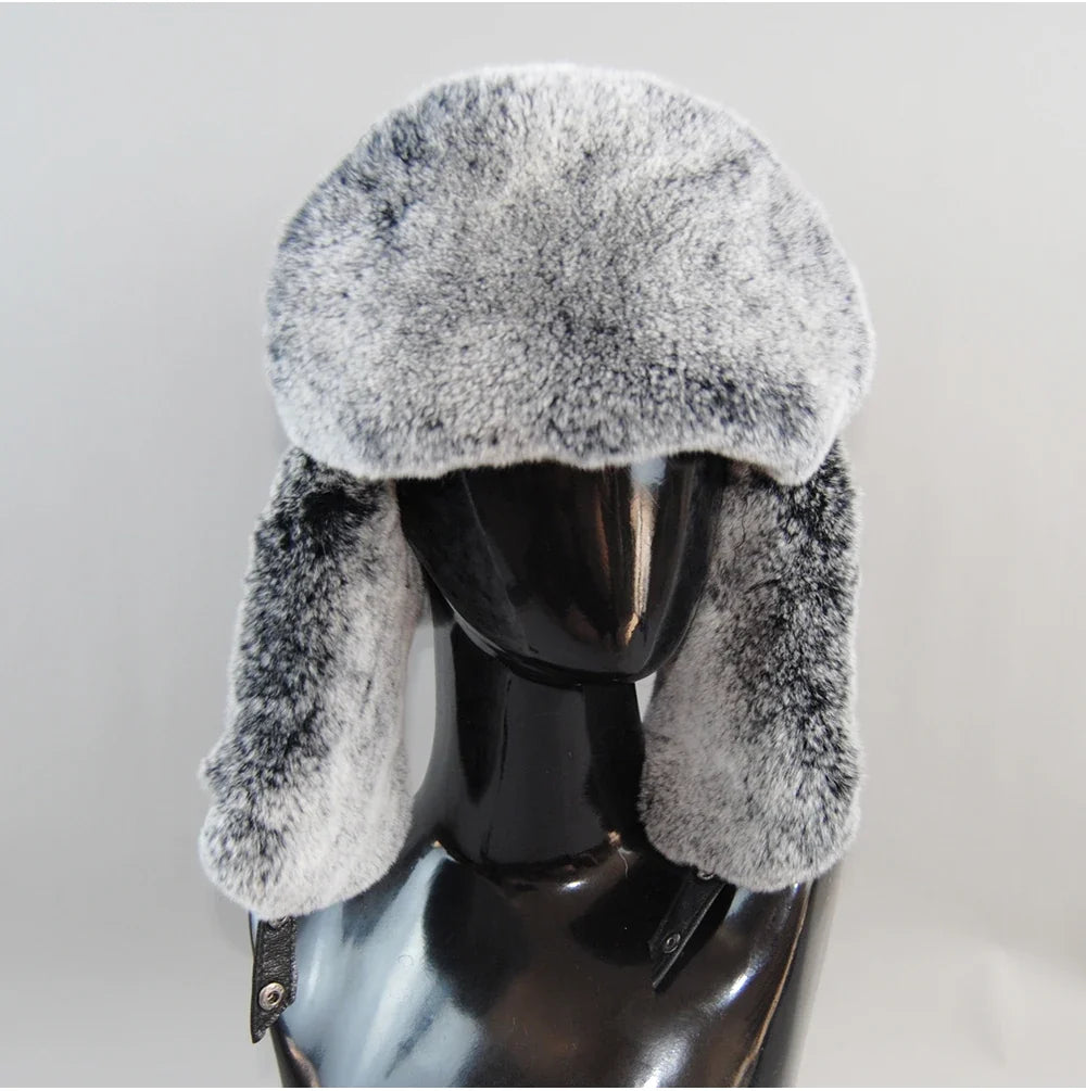 Winter Russian Man Woman White Skin Natural Rex Rabbit Fur Hats Luxury Real Sheepskin Leather Cap Unisex Real Fur Bomber Hat