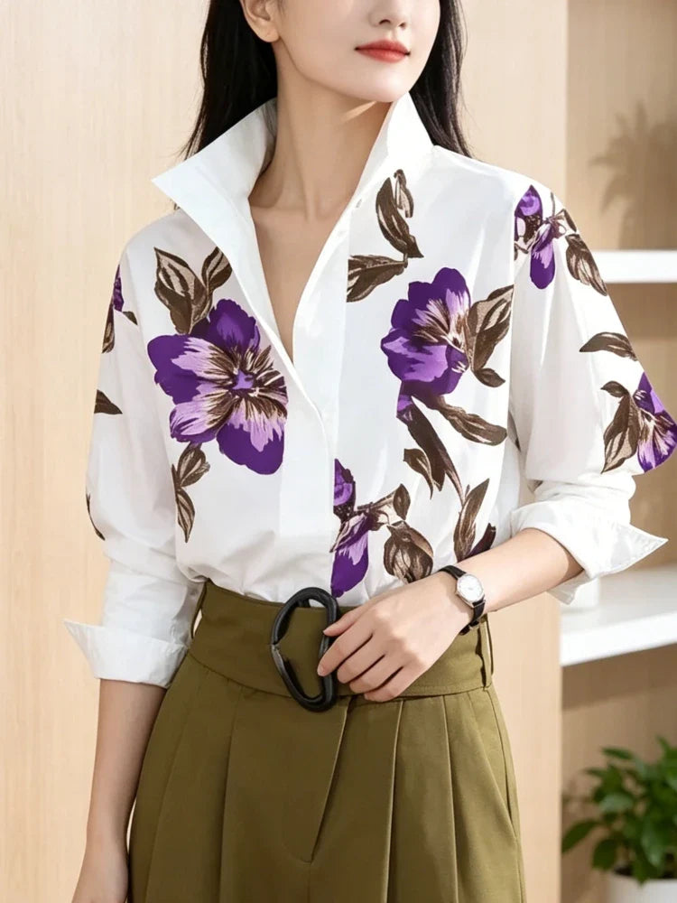 Modigirl 2025 Summer Spring Casual White Shirts for Women Long Sleeves Urban Elegant Stand Collar Woman Flower Print Blouse Tops