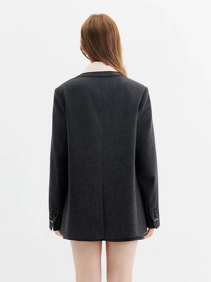 Retro-style Commuter Color-blocked Turn-up Cuff Blazer for Women 2026 Autumn New Style Single-breasted Coat Solid