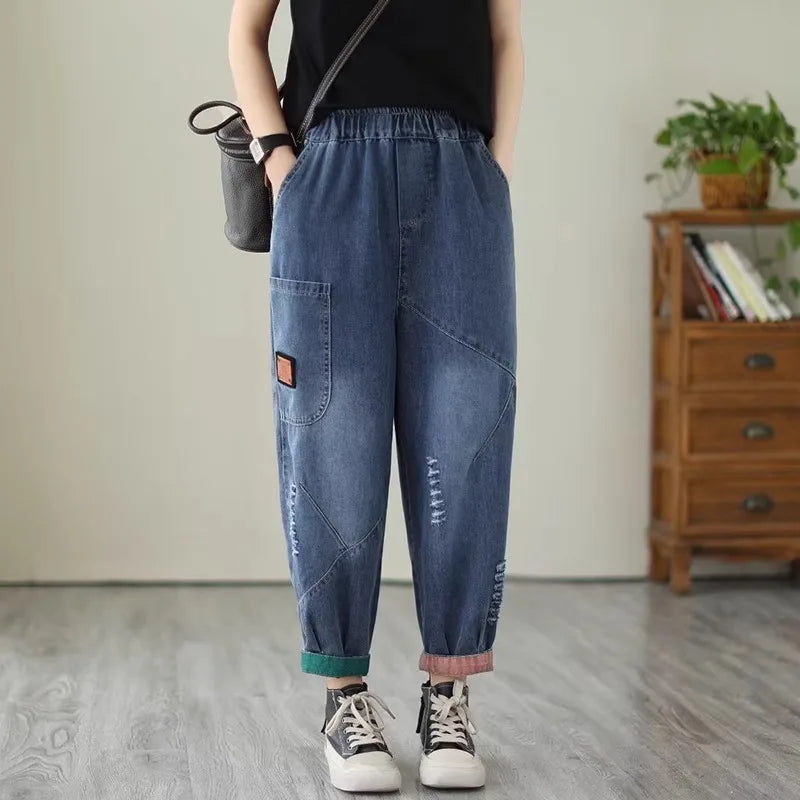 Loose Harlan Jeans Women's Denim Pants Middle-Aged Mom Trendy plus Size Carrot Shape High Waist Cotton Stretch Fabric All Sea...