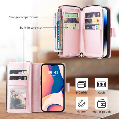 Double Layer Zipper Wallet Case with 9 Card Slots for iPhone 16 16E Pro Max 15 14 Plus13 12 Pro Max PU Leather Flip Cover