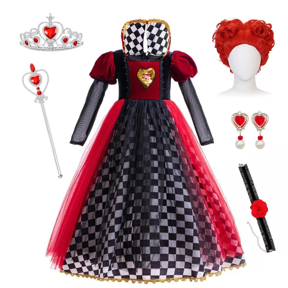 Girls Halloween Party Cosplay Red Queen Gown Clothes Kids Witch Long Sleeves Carnival Outfits Children Masquerade Fancy Costumes