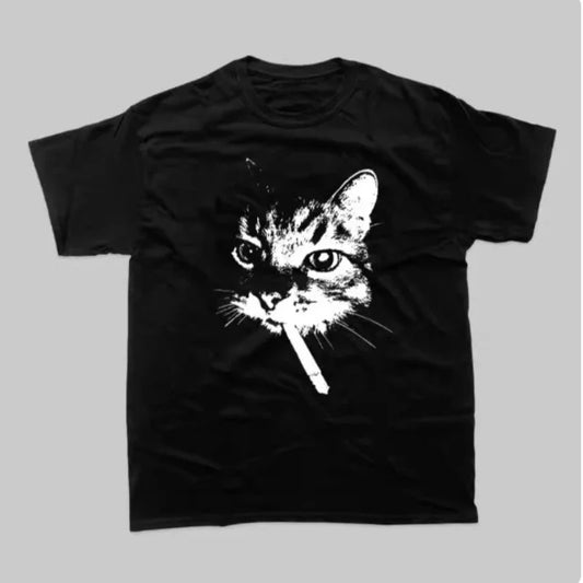 New Street Smoking Cat Retro Printed Crewneck T-shirt Women Fashion Short Sleeves Funny Cat Meme Tops Women Clothing Clothes