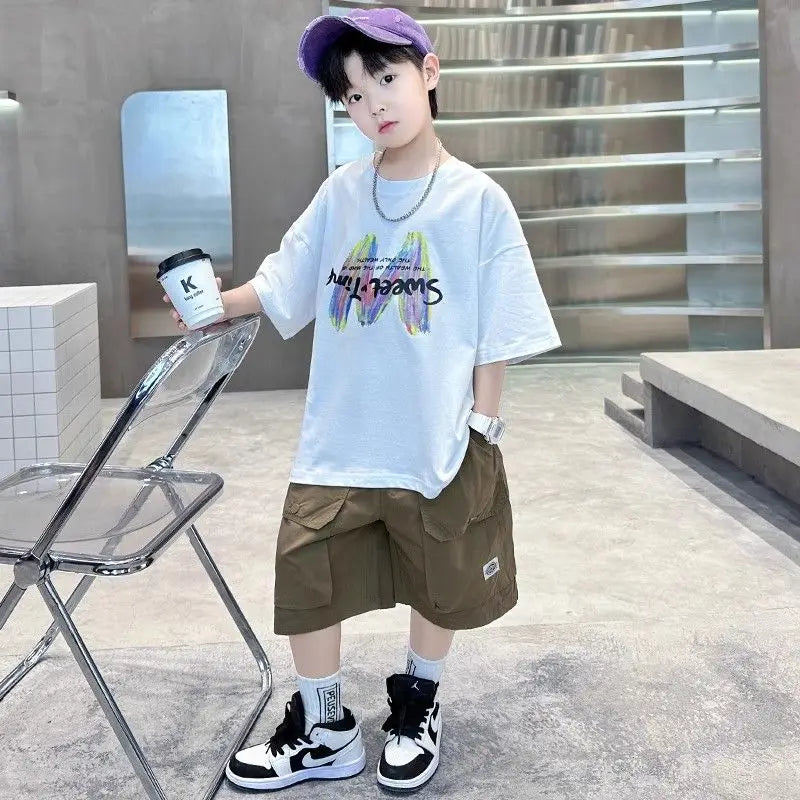 Printing Clothes for Boy Summer Set 2025 New Children's Clothing Boys Kids Top Bottom Elementary Student Men's T-shirts Korean