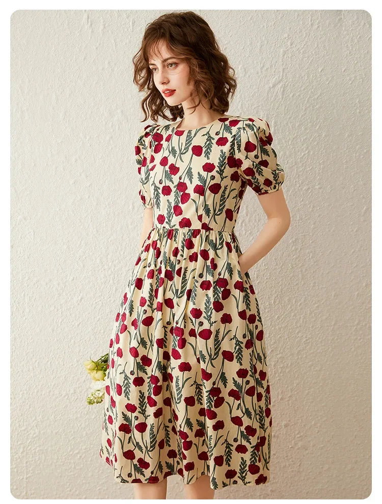 French Floral Print Dress Women 2026 Summer Round Neck Puff Sleeve Fitted Long Dress Casual Streetwear Outfits