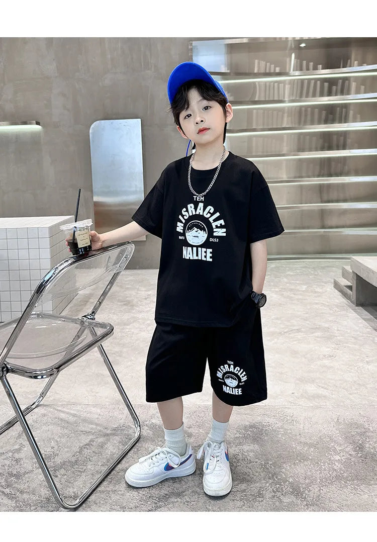 Summer Boys Cotton Leisure Print T-Shirt Top+Shorts Pant Contrast Set School Kids 2PCS Tracksuit Children Vacation Outfit 5-16Yr