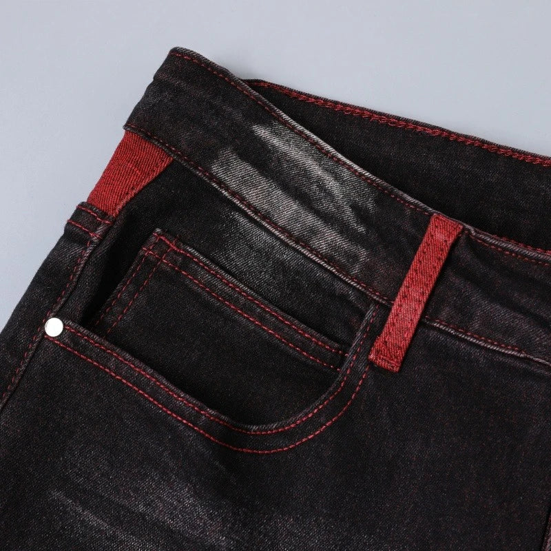 Men's Elastic Patch Style Jeans Black Red Design Slimming Men's Clothing Cozy Denim Pants Personalized Hip Hop Trend Trousers