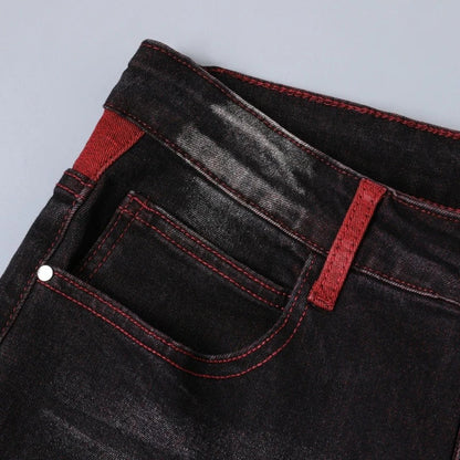 Men's Elastic Patch Style Jeans Black Red Design Slimming Men's Clothing Cozy Denim Pants Personalized Hip Hop Trend Trousers