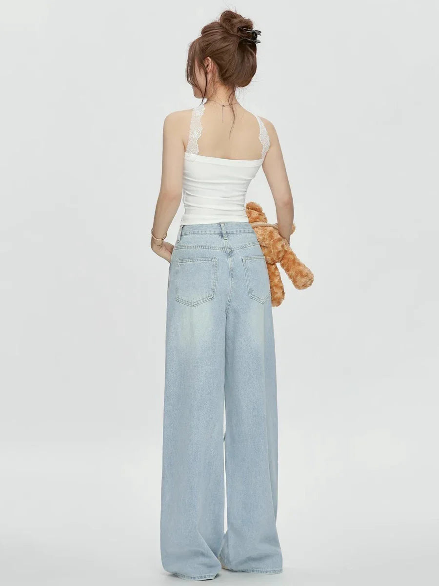 Women's Lace Hollow Out Baggy Jeans Vintage Destroyed Holes Raw Edge Wide Leg Denim Pants Casual Korea Everyday Wear