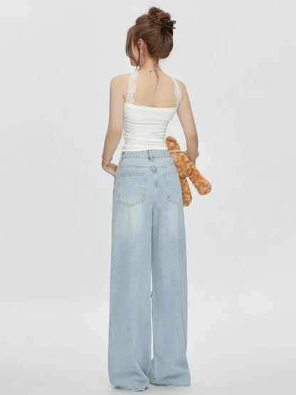 Women's Lace Hollow Out Baggy Jeans Vintage Destroyed Holes Raw Edge Wide Leg Denim Pants Casual Korea Everyday Wear