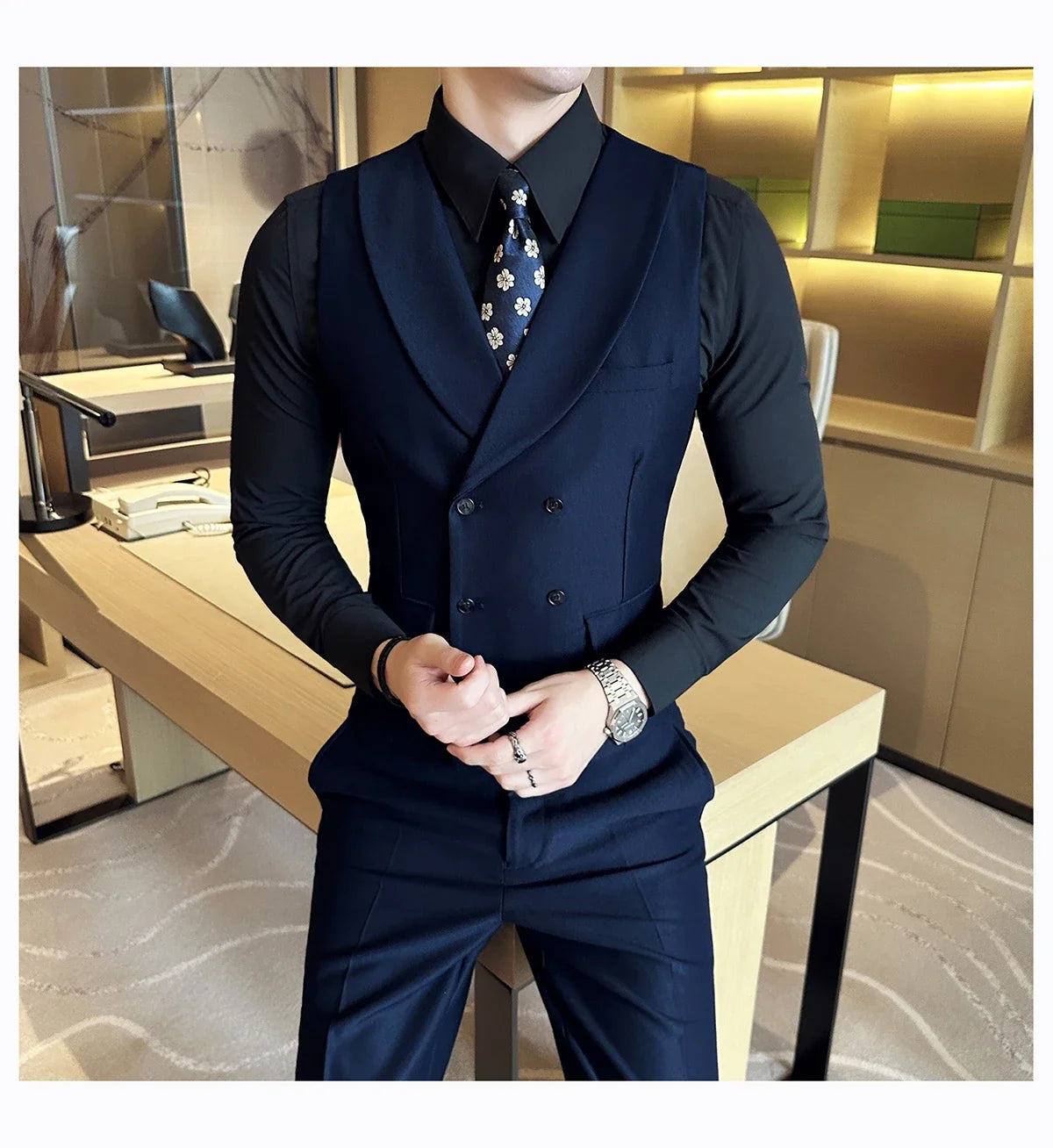 Men Luxury Double Breasted Design Solid Vest Formal Groom Wedding Dress Suit Vest Set Fashion Mens Club Singer Clothing 6XL-M