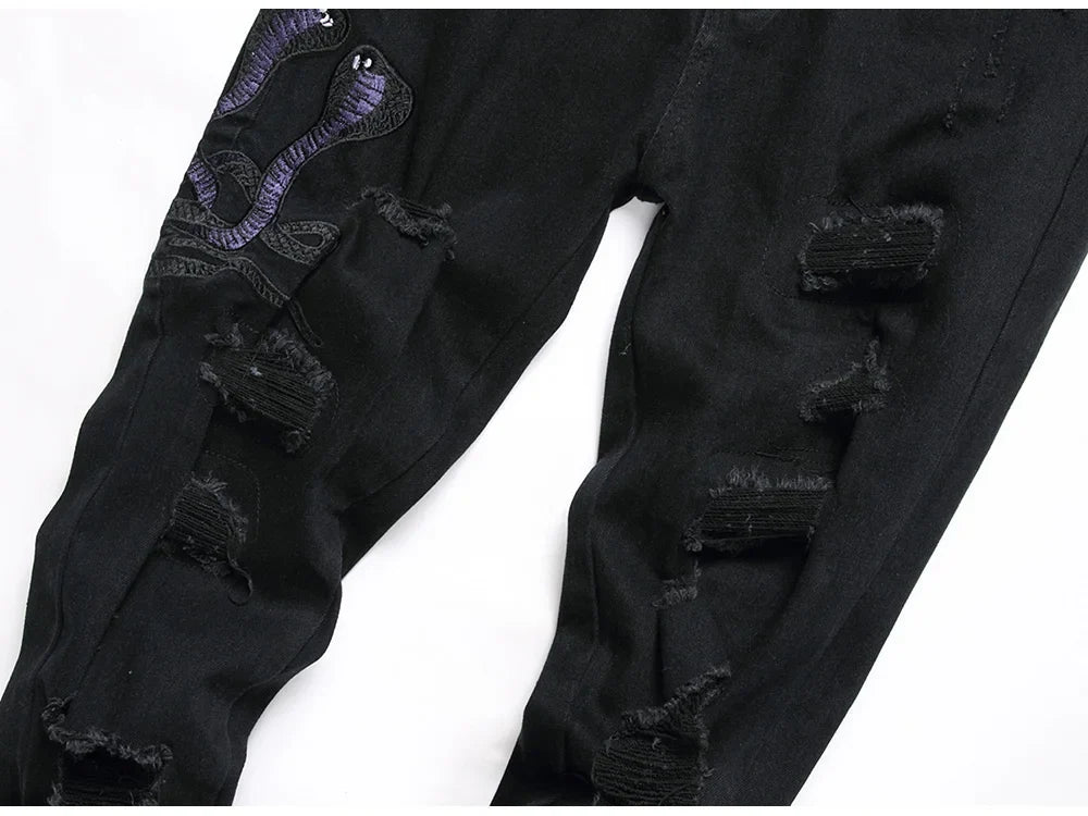 Men Snake Embroidery Jeans Streetwear Black Stretch Denim Pants Holes Ripped Distressed Slim Straight Trousers
