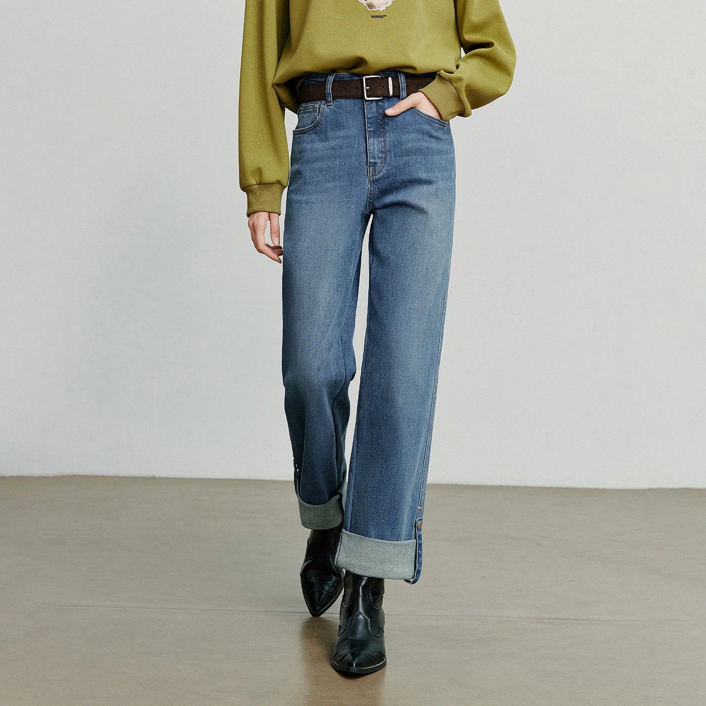 Women Denim Jeans 2025 Autumn New Lyocell Rolling Up Hem Elastic and Simple Straight Leg Ankle Length Pants