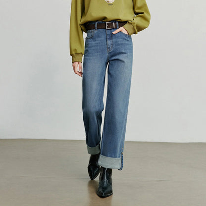Women Denim Jeans 2025 Autumn New Lyocell Rolling Up Hem Elastic and Simple Straight Leg Ankle Length Pants