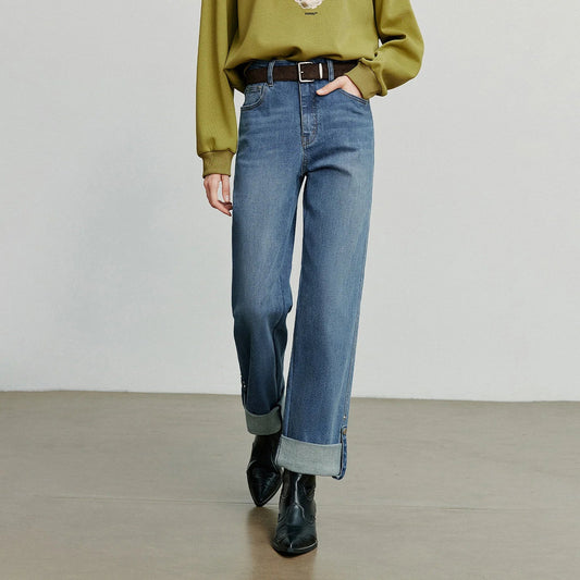 Women Denim Jeans 2025 Autumn New Lyocell Rolling Up Hem Elastic and Simple Straight Leg Ankle Length Pants