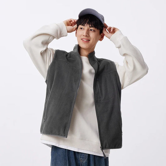Vest Men Anti-Static Fleece Coat New Autumn 2024 Warm Collar Lining Solid Color Versatile Top