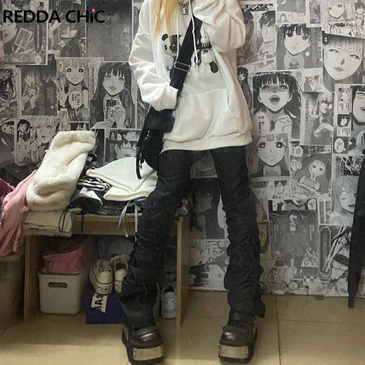 Goth Lolita Black Pants Casual Flare Stacked Jeans Women Stretchy High Waist Trousers 2000s Y2K Grunge Emo Streetwear