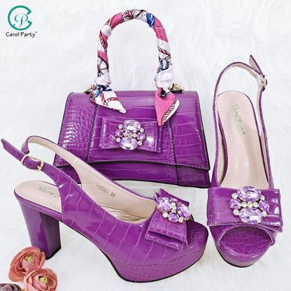 Crocodile Textured Ribbon And Colorful Crystal Embellished Clutch With Long Shoulder Strap Women's Shoes And Bag Set