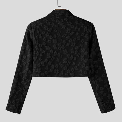 Men Blazer Flower Jacquard Lapel Long Sleeve Crop Coats Men Streetwear Autumn 2025 One Button Fashion Casual Male Suit