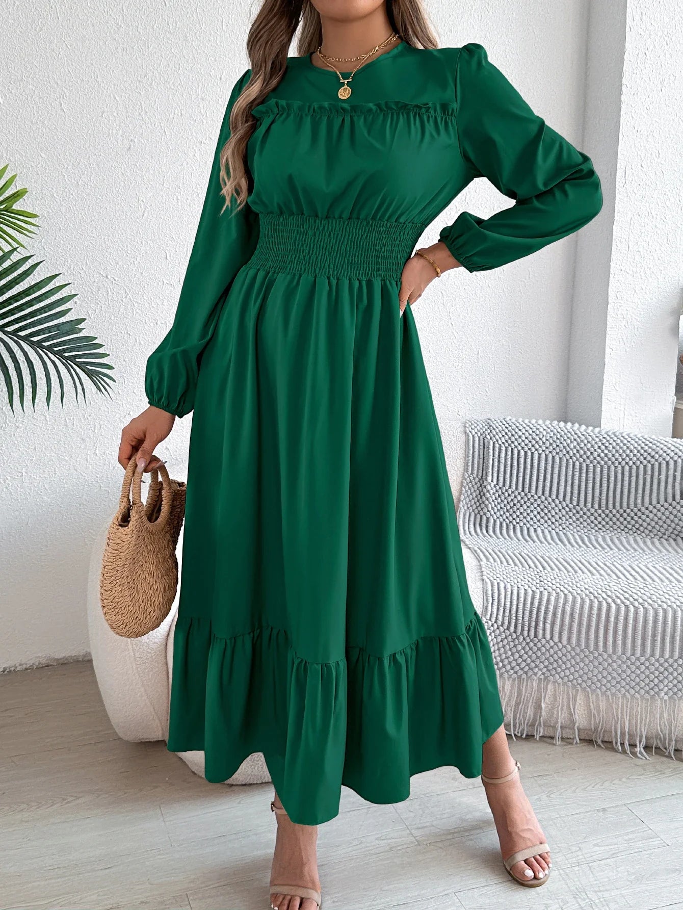 Autumn and Winter Casual Elegant Solid Color Round Neck Long Sleeved Waist Cinched Lotus Leaf Edge Dress Women Clothing