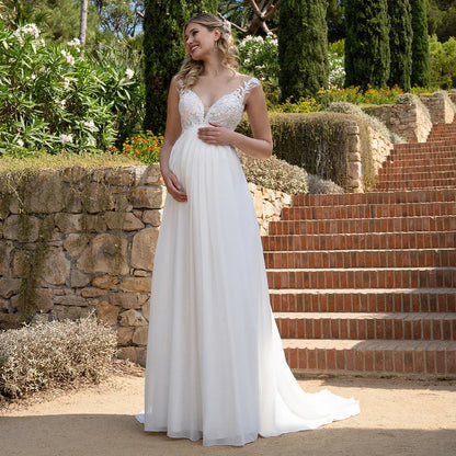 Pregnant Bride Dresses Customized Cap Sleeve V Neck Lace Applique Empire Bridal Gown Chiffon Boho Wedding  Vestido De Noiva